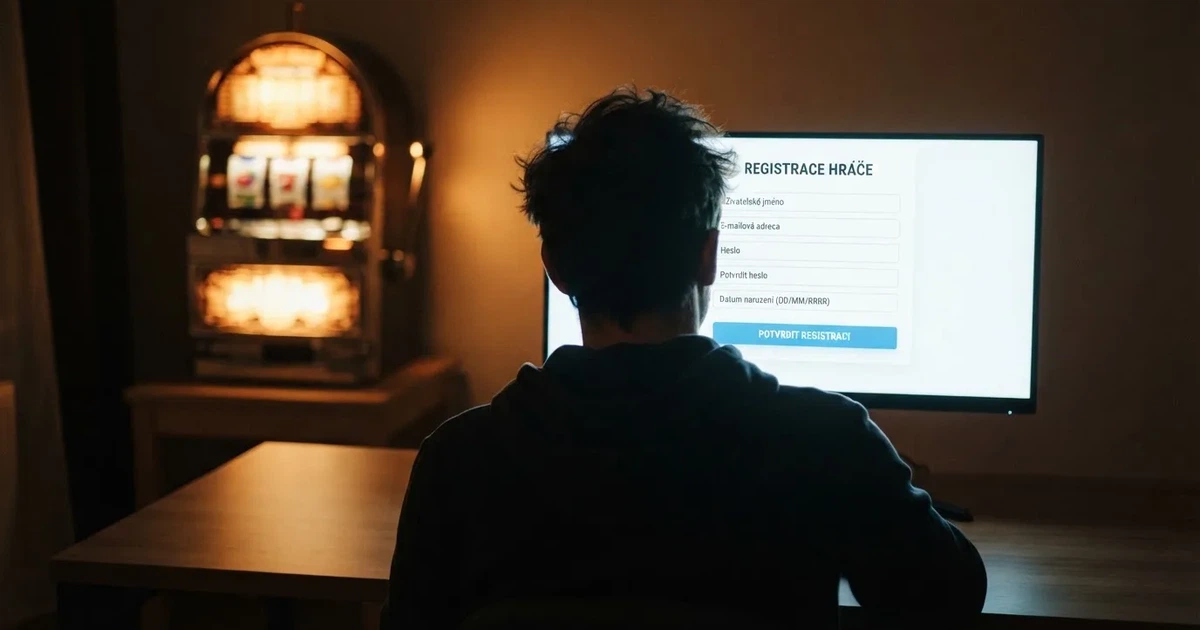 Registrační formulář na monitoru s automatem na pozadí