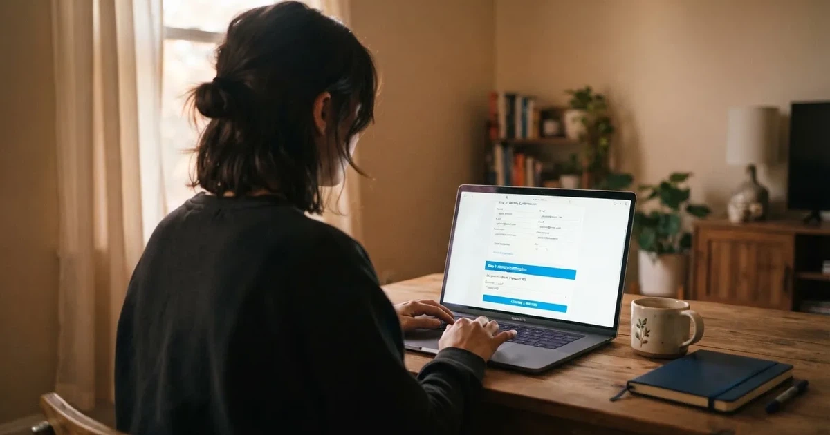 Hráč u notebooku si prohlíží nabídku online casina, na obrazovce je vidět registrační formulář s možností BankID ověření