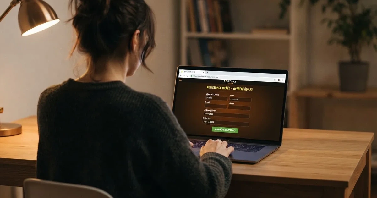 Česká online casino registrace na obrazovce notebooku s formulářem pro ověření totožnosti a symbolem zámku