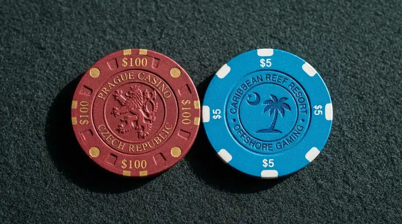Dvě herní žetony vedle sebe — jeden nese státní znak České republiky, druhý logo Curaçao.