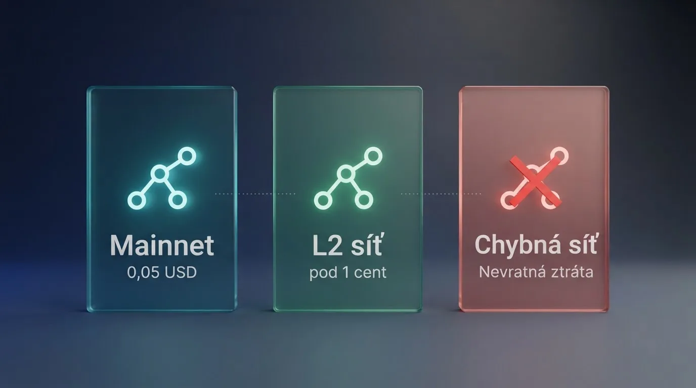 Schéma tří cest ETH transakce — mainnet s poplatkem 0,05 USD, L2 síť s poplatkem pod 1 cent a chybně zvolená síť s červeným křížkem