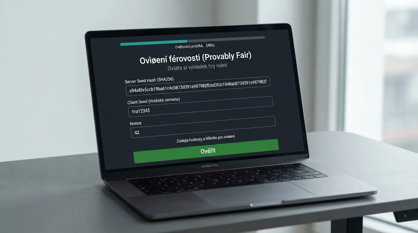 Ověřovací rozhraní provably fair hry se třemi poli: hash server seedu (zveřejněný před sázkou), client seed (nastavený hráčem) a nonce (čítač sázek). Vedle tlačítko pro spuštění verifikace.