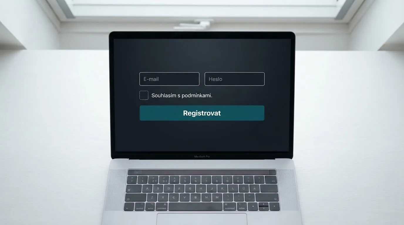 Registrační formulář krypto kasina se dvěma poli — e-mail a heslo — a zaškrtávacím políčkem pro souhlas s podmínkami. Žádné pole pro naskenovaný doklad ani rodné číslo.