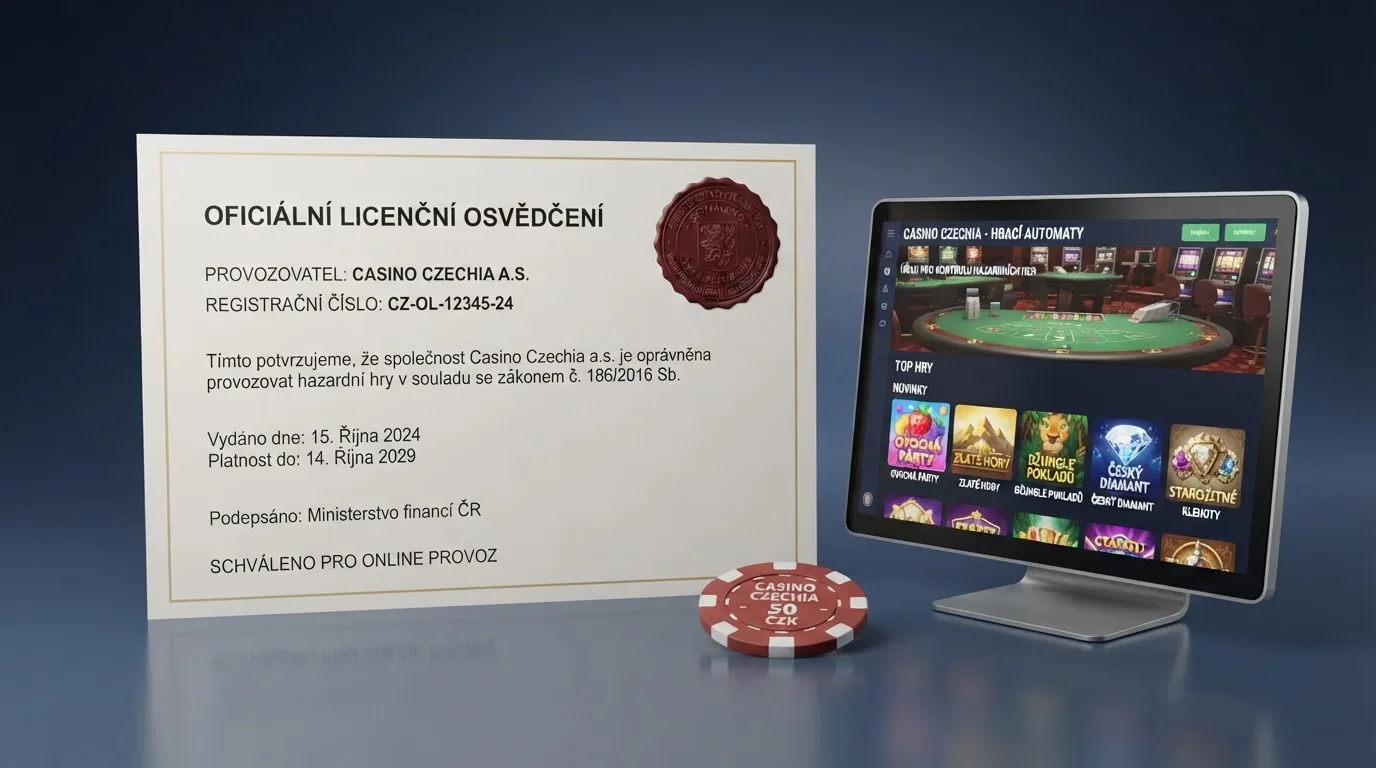 Úřední dokument s razítkem Ministerstva financí ČR vedle obrazovky s online casinem