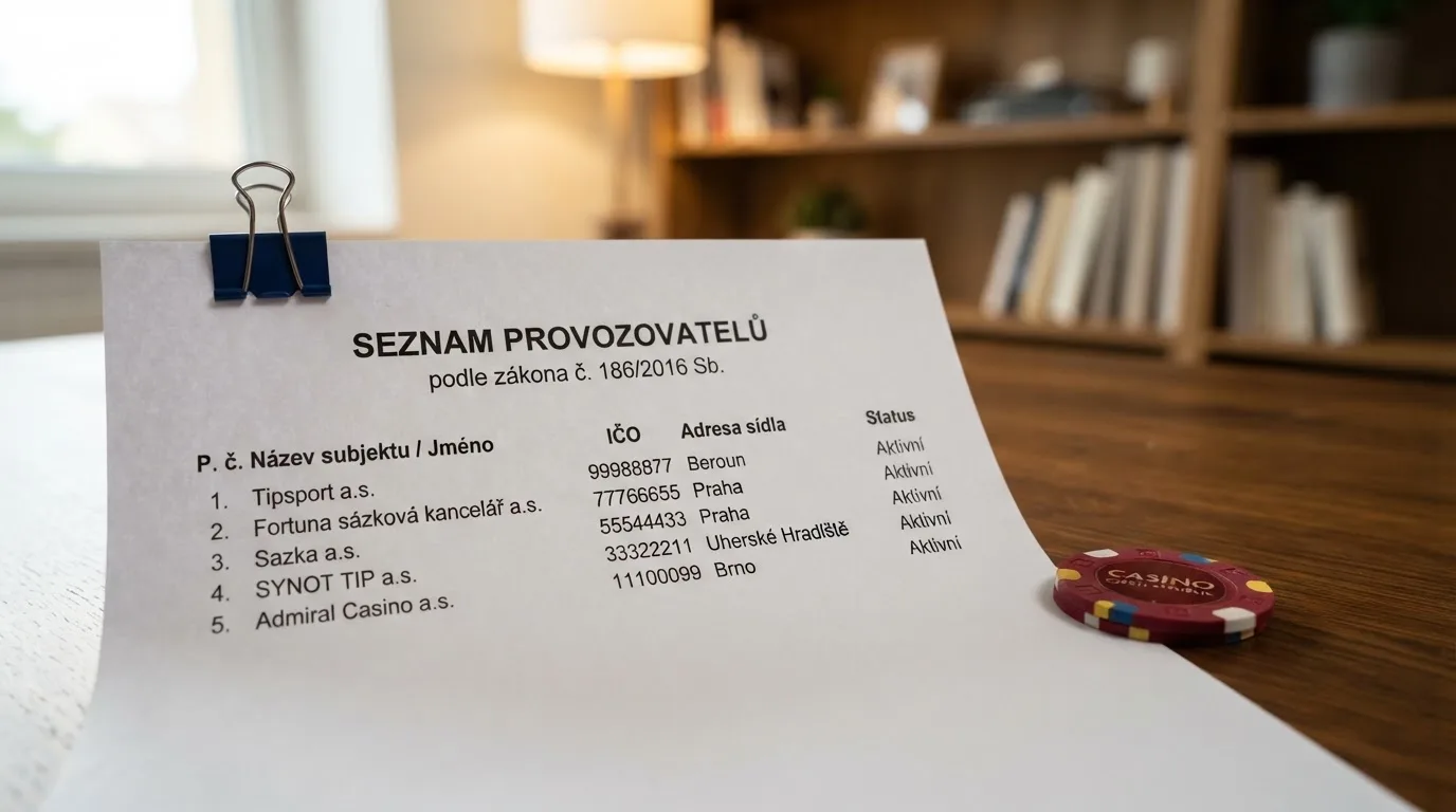 Úřední výtah ze Seznamu provozovatelů hazardních her s logem Ministerstva financí ČR