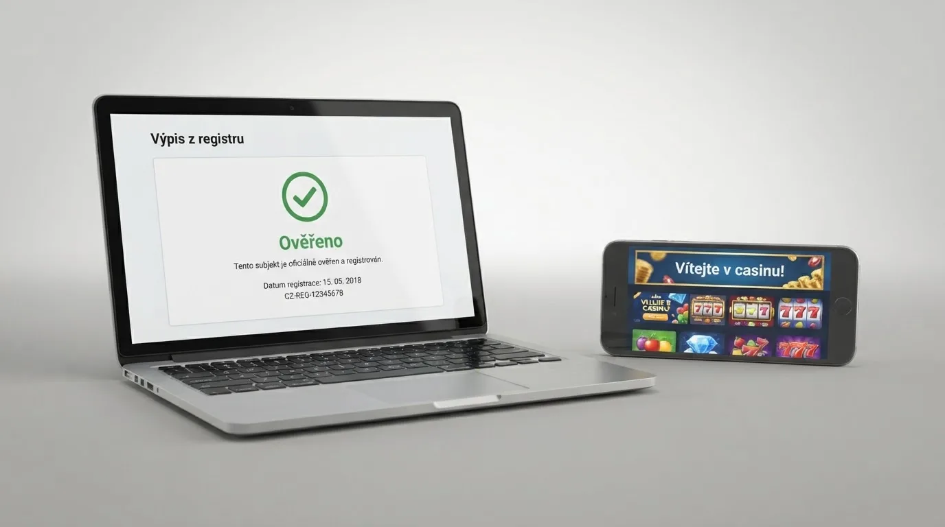 Detail úředního dokumentu s razítkem Ministerstva financí ČR vedle obrazovky s logem online casina — kontrast mezi státní autoritou a komerční nabídkou