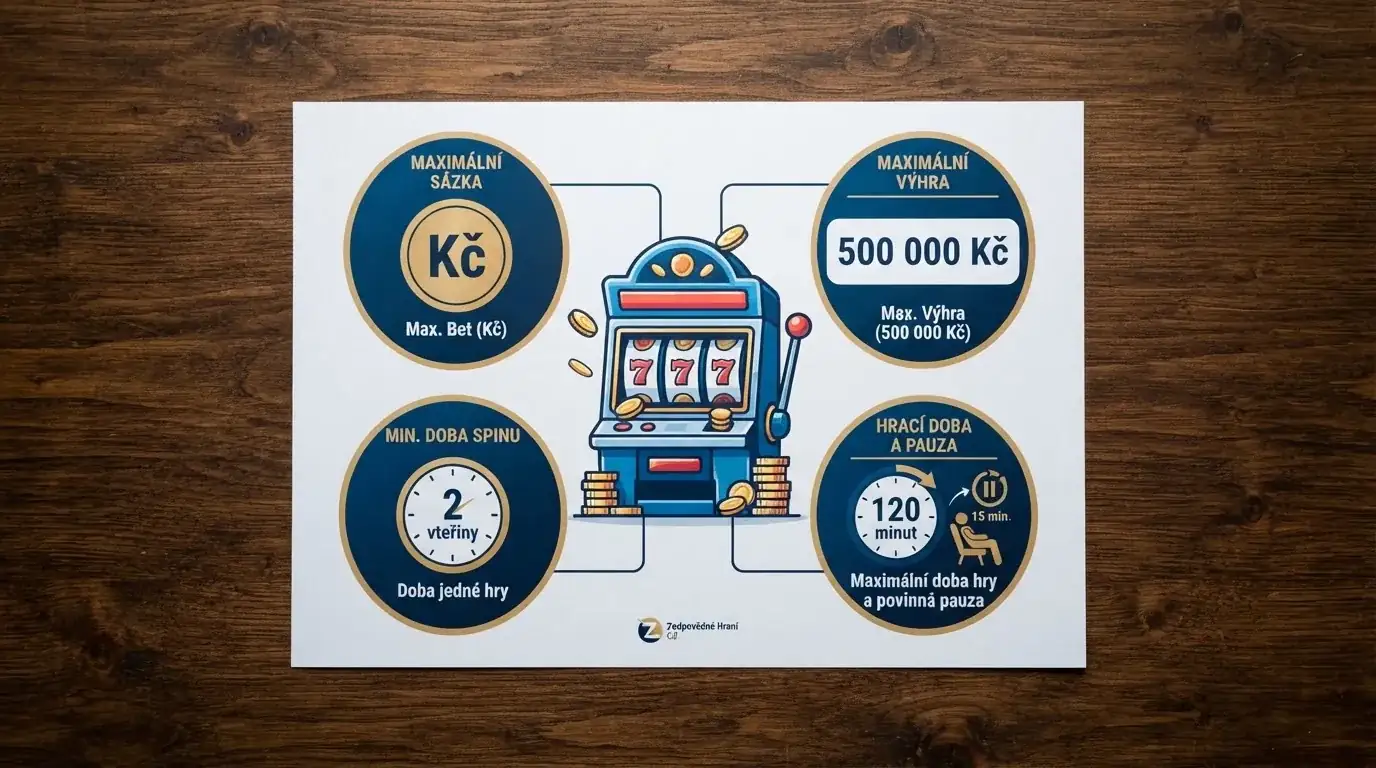 Infografika znázorňující zákonné limity: maximální sázka 500 Kč na zatočení, maximální výhra 500 000 Kč, minimální délka 2 sekundy