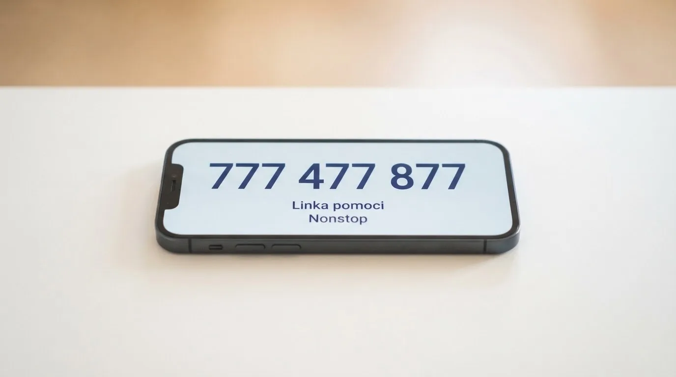 Telefonní sluchátko a číslo linky pomoci Naberte kurz 777 477 877 — nonstop, zdarma, anonymní