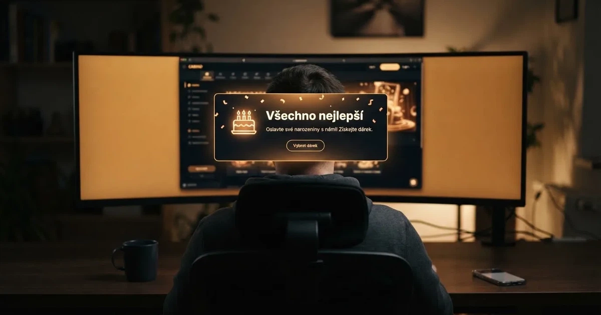 Hráč sedí u počítače, na monitoru svítí notifikace online casina s narozeninovým dárkem, konfetami a nápisem „Všechno nejlepší“