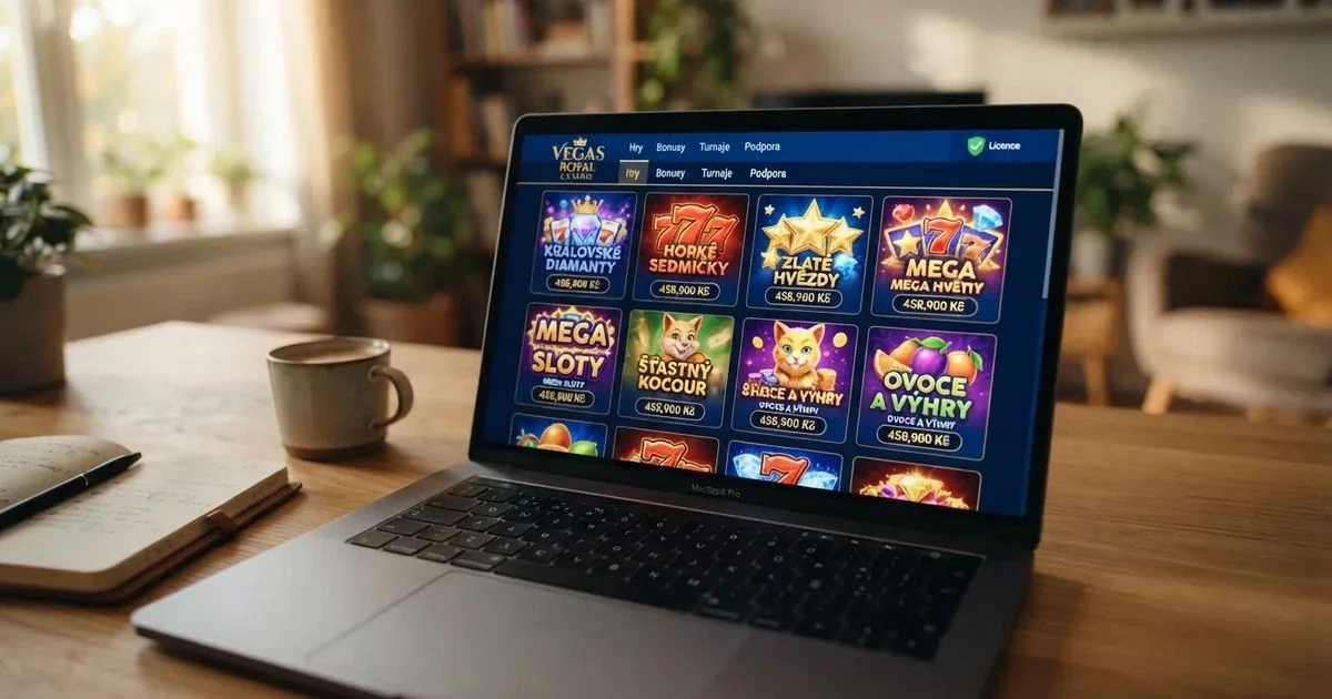 Rozhraní nového českého licencovaného online casina s viditelnými prvky — herní lobby, nabídka automatů a informace o licenci