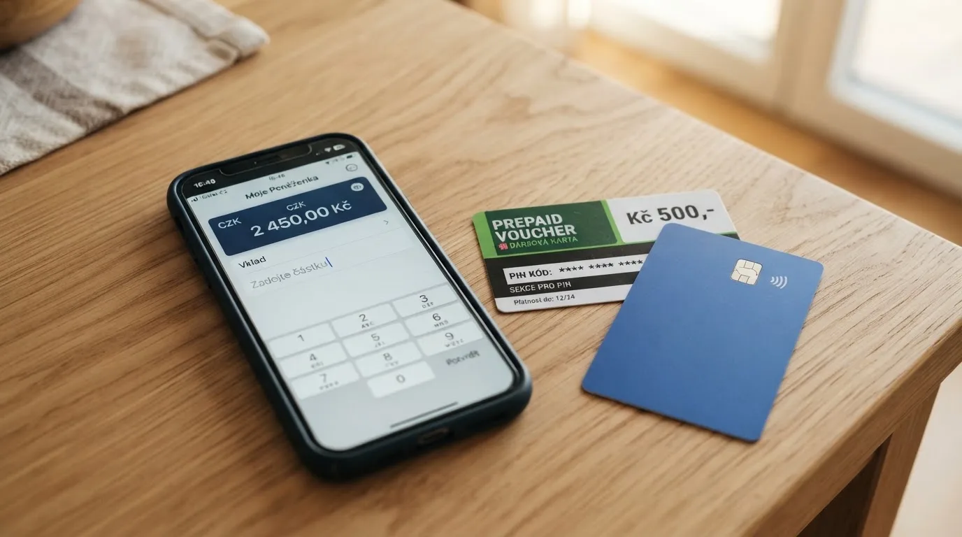 Mobil s otevřenou aplikací Aircash vedle Paysafecard voucheru a platební karty na stole