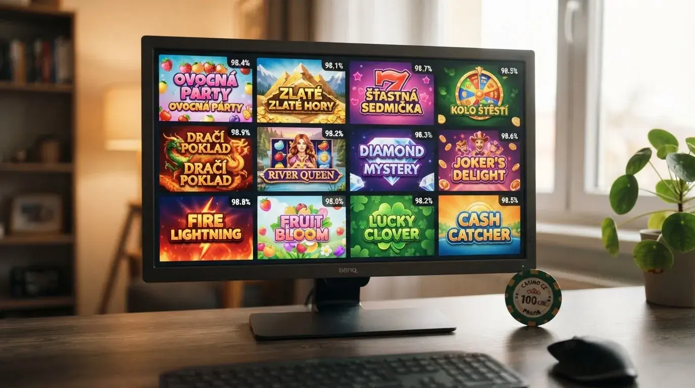 Koláž obrázků nejvýhernějších online automatů včetně Butterfly Staxx 2 a Midnight Fruits s viditelnými hodnotami RTP nad 98 %