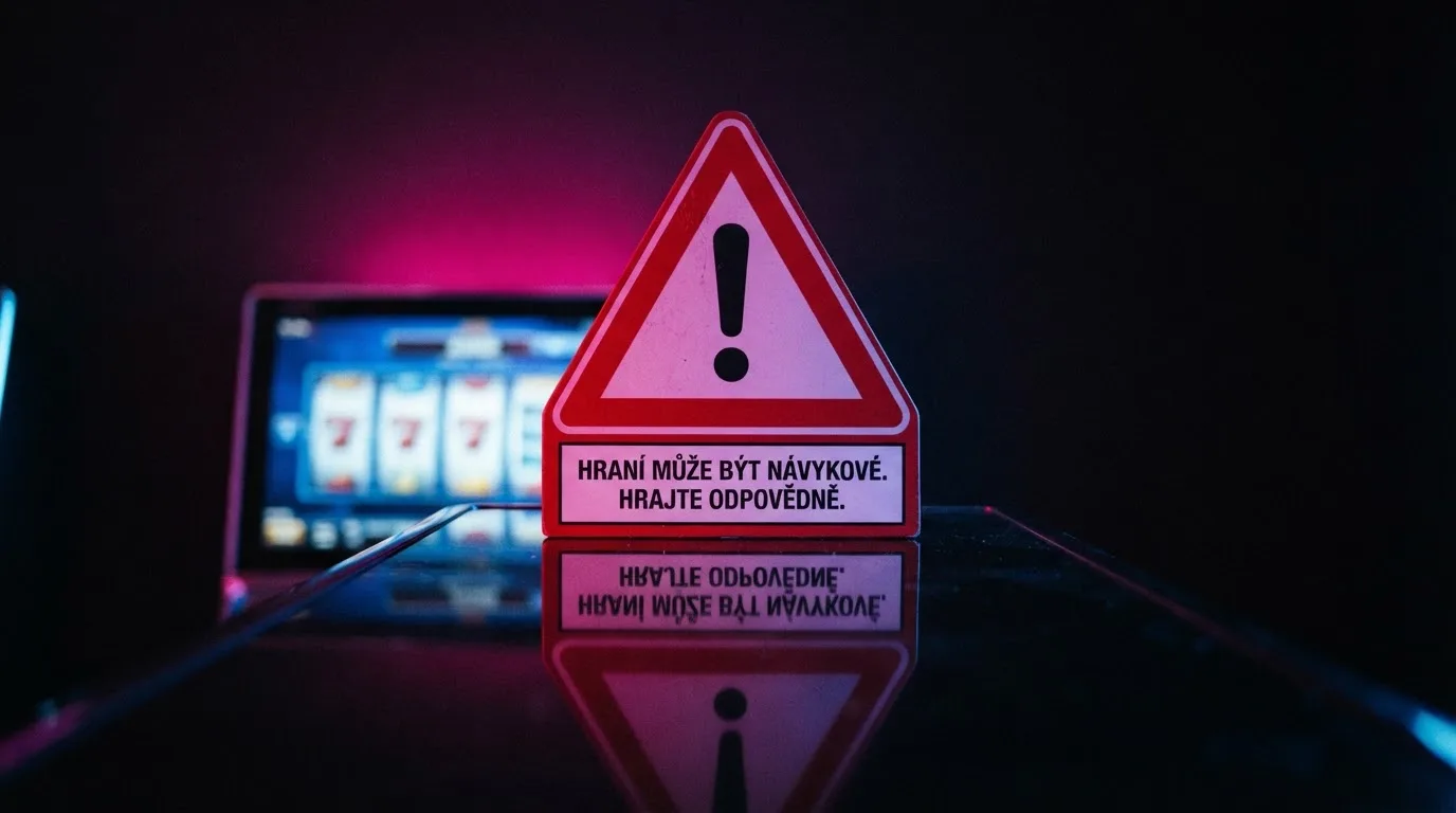 Varovný výstražný symbol nad neónovou grafikou neregulovaného online casina