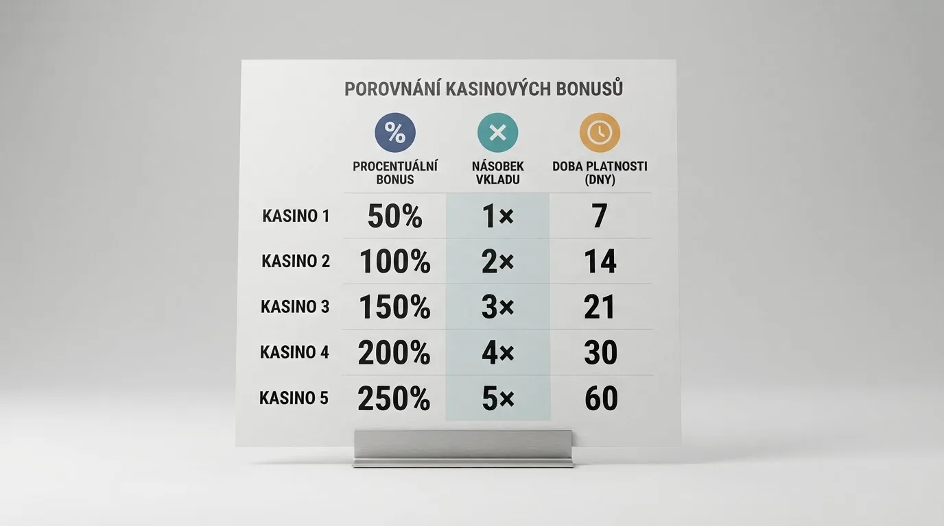 Infografika porovnávající tři klíčové parametry uvítacích bonusů — procento navýšení, násobek protočení a dobu platnosti