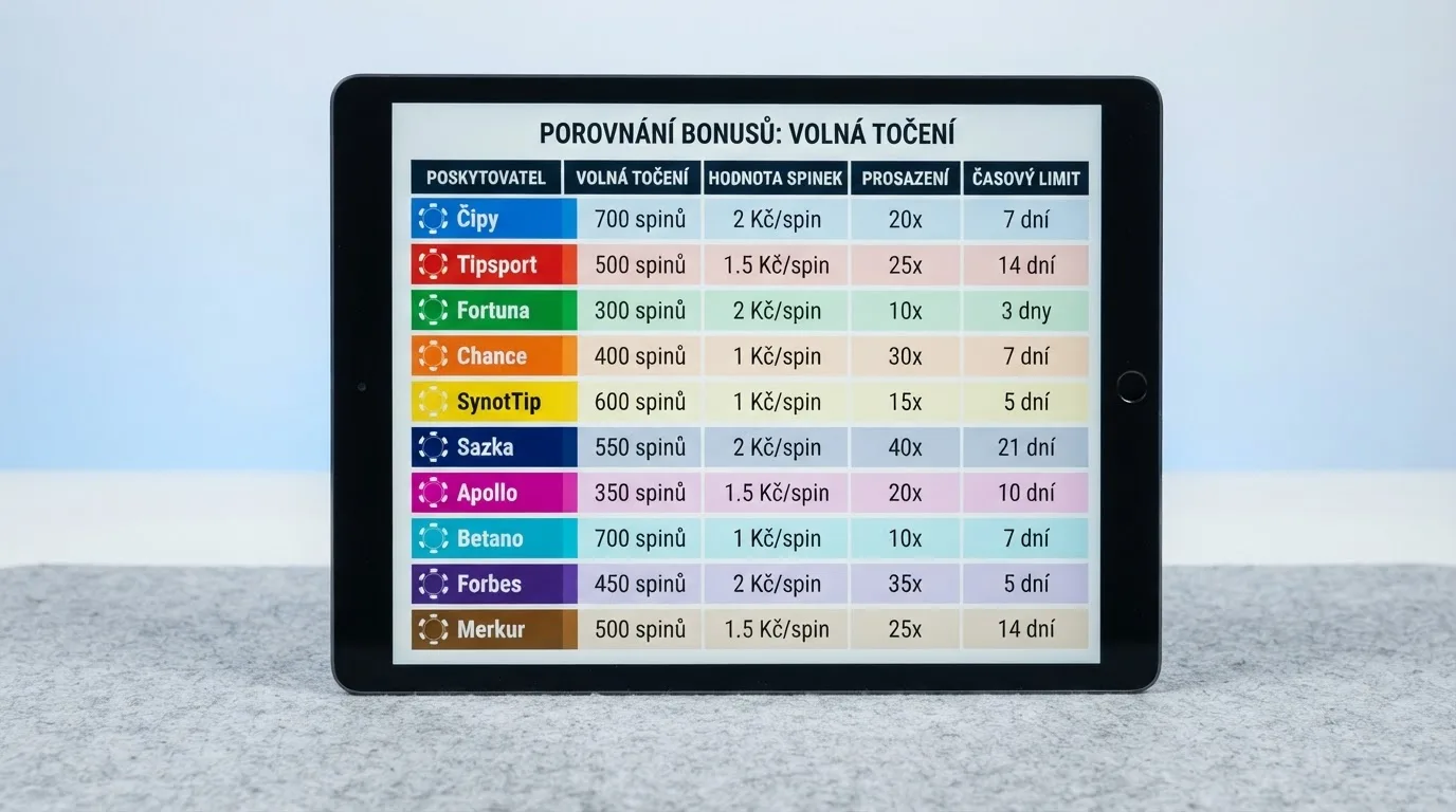 Přehledová tabulka porovnávající nabídky volných otoček napříč deseti licencovanými operátory