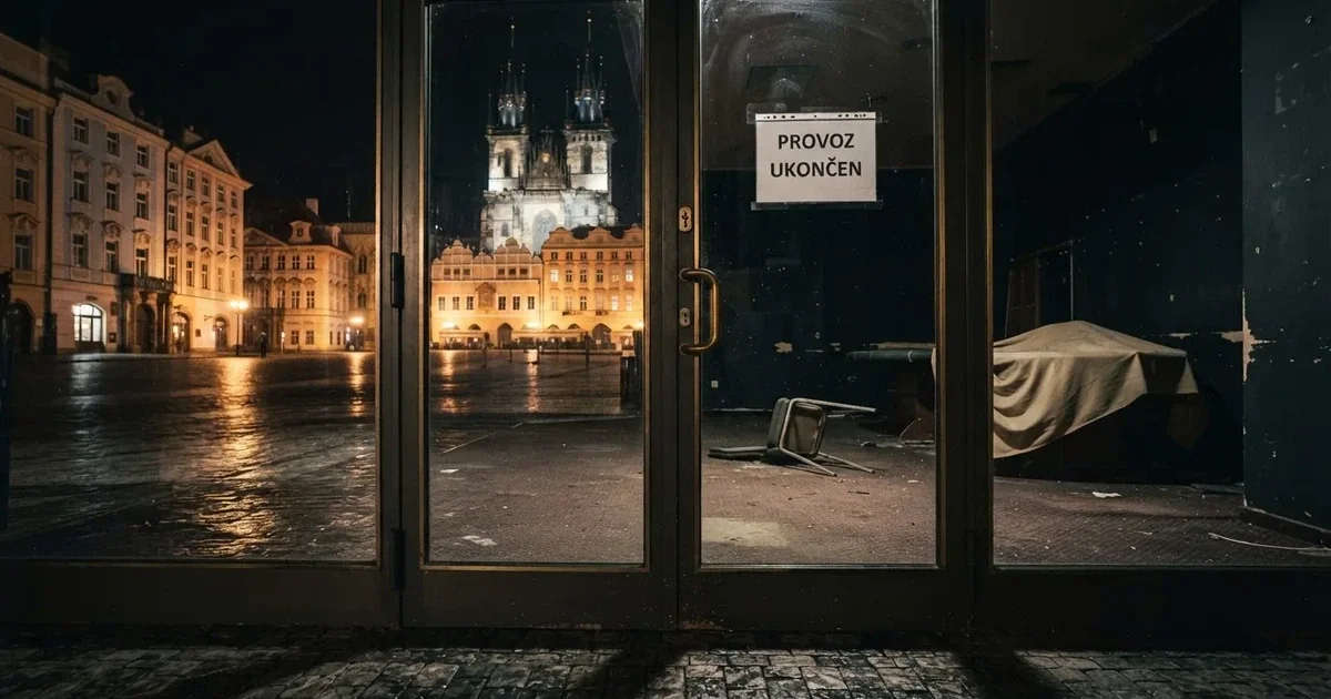 Prázdný interiér bývalého kasina nebo zavřené dveře herny s nápisem o ukončení provozu, kontrast s noční Plzní v pozadí