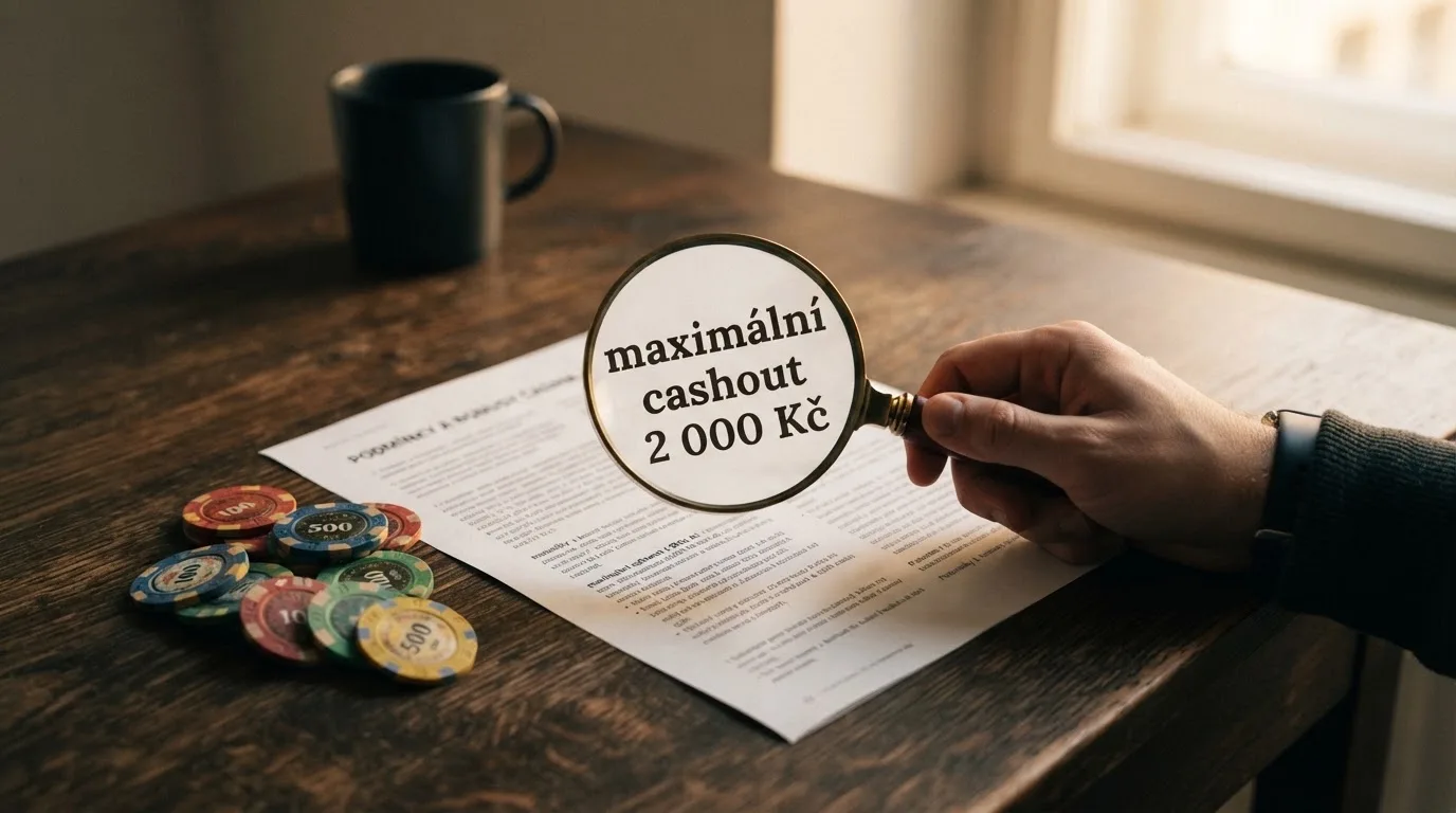 Stoh Kč bankovek vedle podmínek — lupa nad textem „maximální cashout 2 000 Kč“.