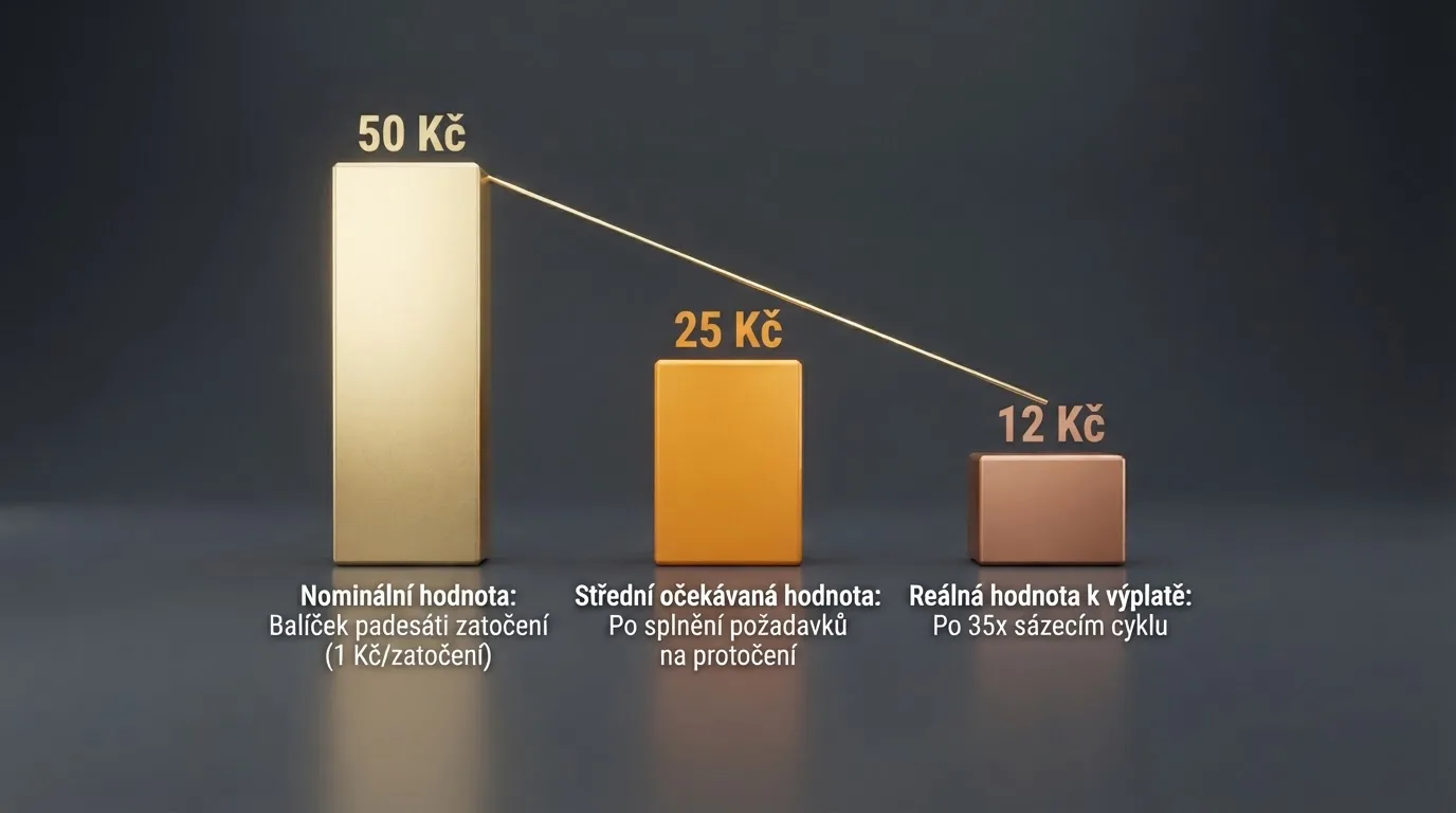 Infografika znázorňující, jak wagering snižuje reálnou hodnotu balíčku 50 volných zatočení