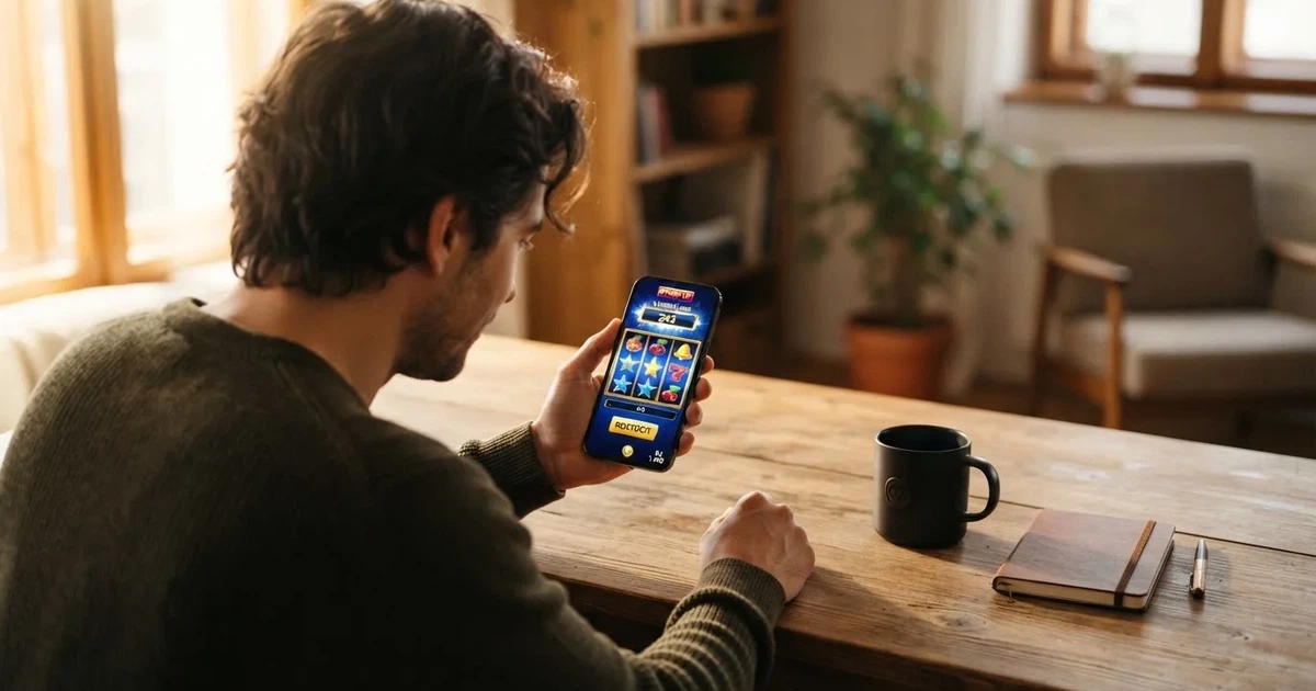 Hráč na mobilu sleduje nabídku volných zatočení v online casinu s českou licencí