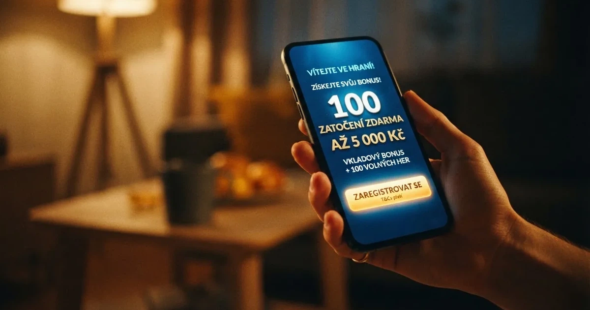 Hráč si na mobilu prohlíží uvítací nabídku casino bonusu bez vkladu, na obrazovce jsou vidět podmínky protočení a tlačítko registrace