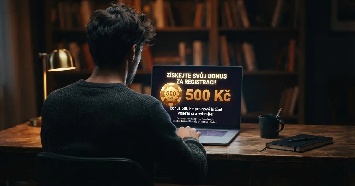 Hráč sedí u počítače, na obrazovce září uvítací nabídka zahraničního online casina s nápisem „bonus za registraci“.